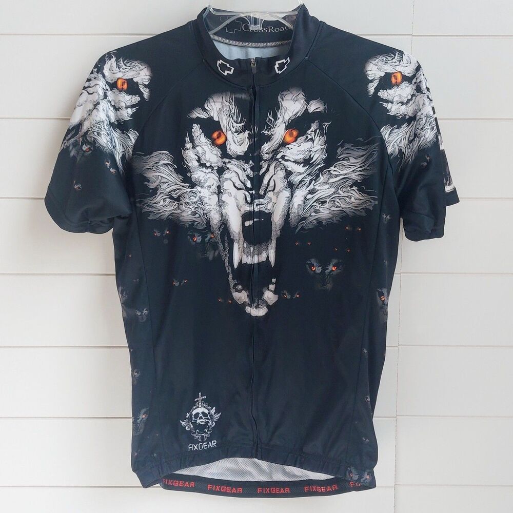 Fixgear Cycling Jersey Size Large Wolf Short Sleeve CrossRoads Biking Full Zip